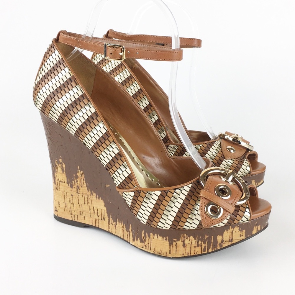 Womens Wedges Size 8 B BCG Girls Brown Gold Stripes Ankle Straps BG-Ramos 2